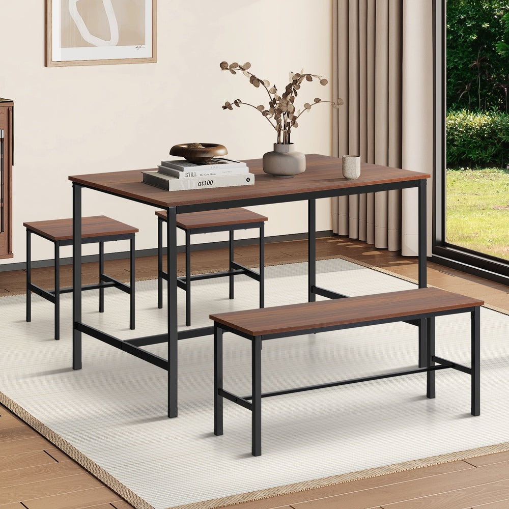 Oikiture Industrial Dining Table 4 Seaters with Kitchen Bench Chairs Natural-Dining Set-PEROZ Accessories