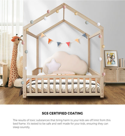 Oikiture Kids Wooden Bed Frame Double Size House Platform Natural-Wooden Bed Frame-PEROZ Accessories