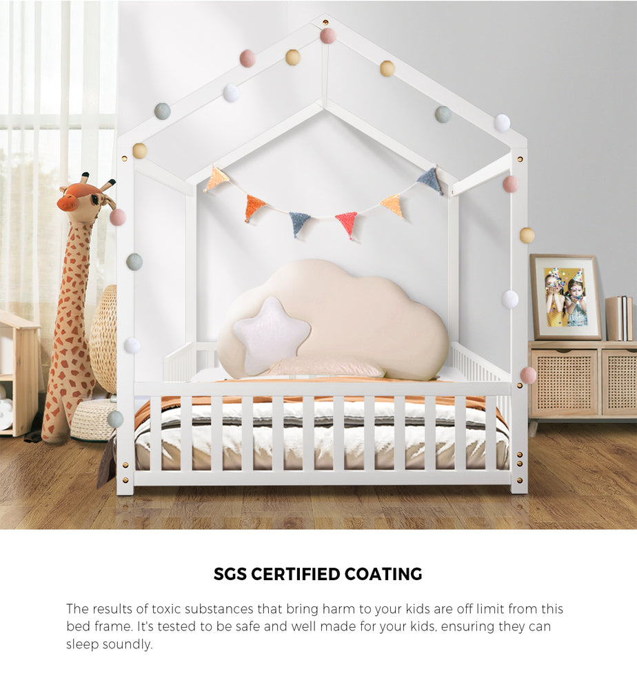 Oikiture Kids Wooden Bed Frame House Beds Platform Double White Timber Pine-Wooden Bed Frames-PEROZ Accessories