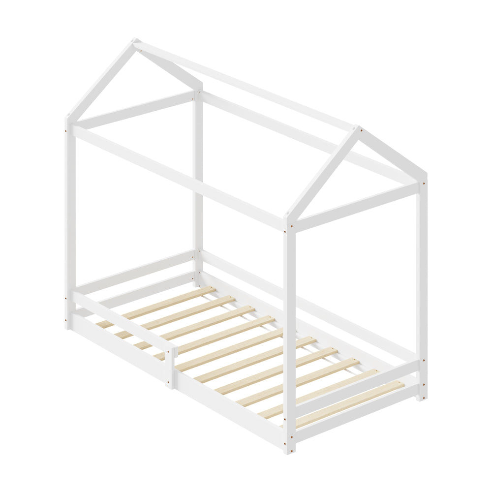 Oikiture Kids Wooden Bed Frame House Frame Timber with Fence Single White-Wooden Bed Frames-PEROZ Accessories