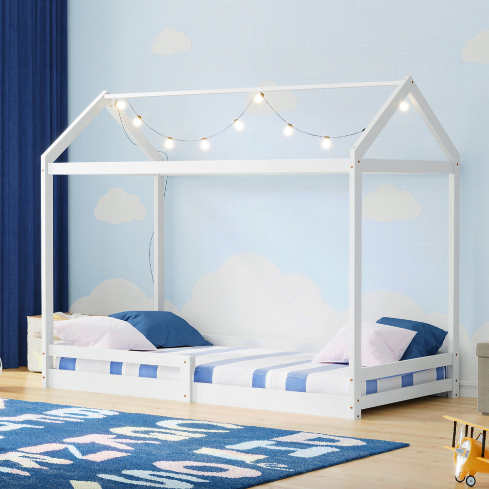 Oikiture Kids Wooden Bed Frame House Frame Timber with Fence Single White-Wooden Bed Frames-PEROZ Accessories