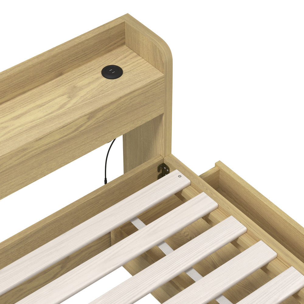 Oikiture King Bed Frame with Charging Ports 2 Drawers Natural-Bed Frame-PEROZ Accessories