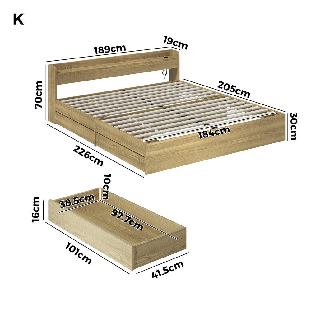 Oikiture King Bed Frame with Charging Ports 2 Drawers Natural-Bed Frame-PEROZ Accessories