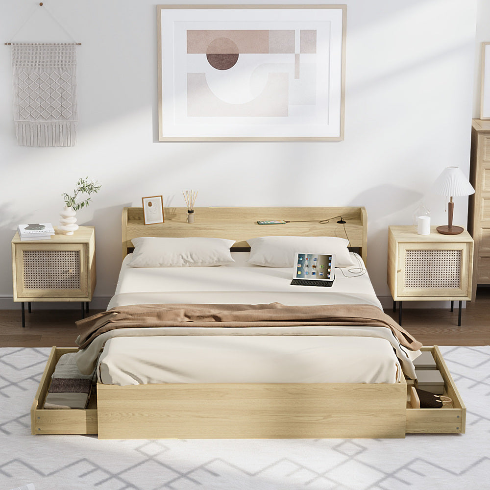 Oikiture King Bed Frame with Charging Ports 2 Drawers Natural-Bed Frame-PEROZ Accessories