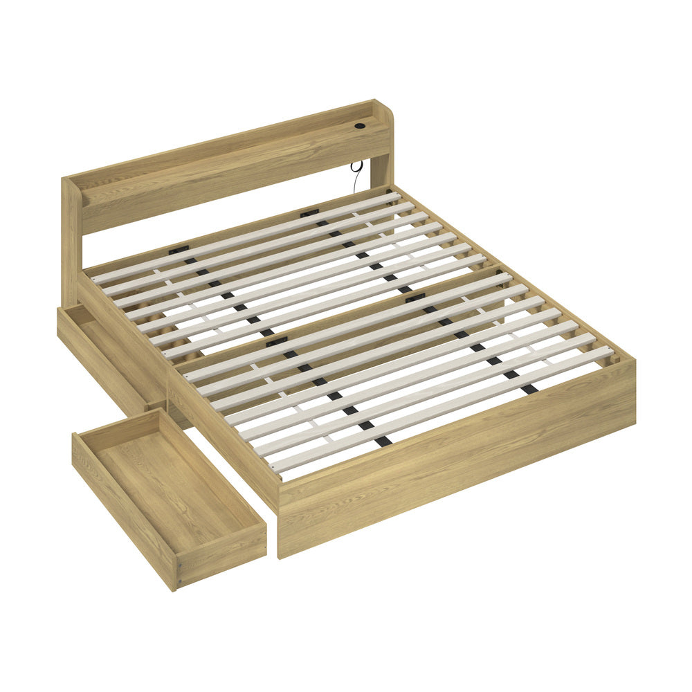 Oikiture King Bed Frame with Charging Ports 2 Drawers Natural-Bed Frame-PEROZ Accessories