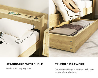 Oikiture King Bed Frame with Charging Ports 2 Drawers Natural-Bed Frame-PEROZ Accessories