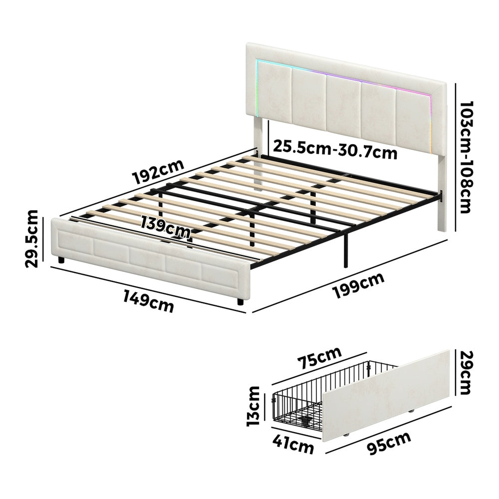 Oikiture LED Bed Frame Double Size 4 Drawers Adjustable Head Beige-Bed Frame-PEROZ Accessories