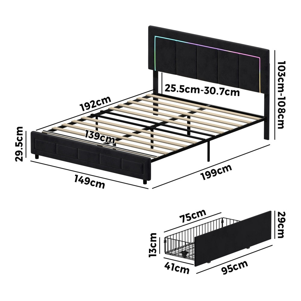 Oikiture LED Bed Frame Double Size 4 Drawers Adjustable Head Black-Bed Frame-PEROZ Accessories
