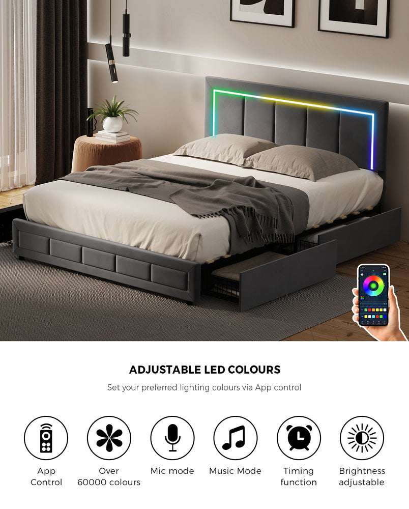 Oikiture LED Bed Frame Double Size 4 Drawers Adjustable Head Velvet-Bed Frame-PEROZ Accessories