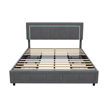 Oikiture LED Bed Frame Double Size 4 Drawers Adjustable Head Velvet-Bed Frame-PEROZ Accessories