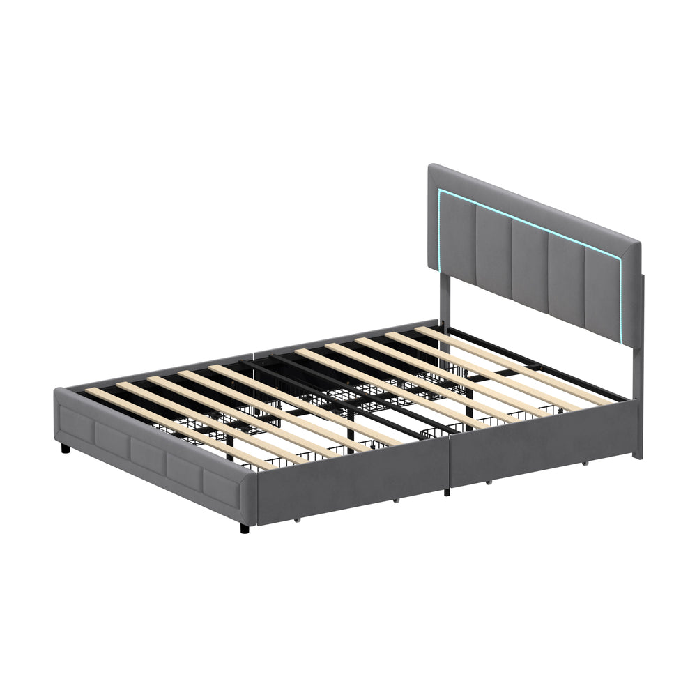 Oikiture LED Bed Frame Double Size 4 Drawers Adjustable Head Velvet-Bed Frame-PEROZ Accessories