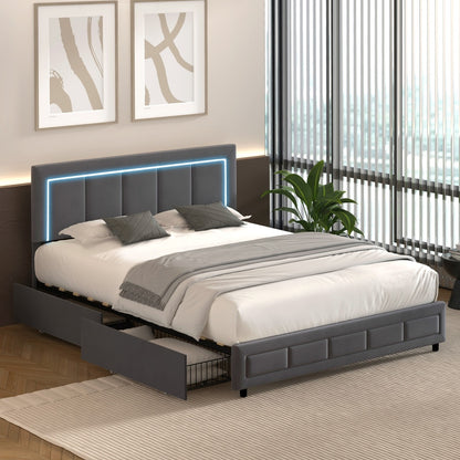Oikiture LED Bed Frame Double Size 4 Drawers Adjustable Head Velvet-Bed Frame-PEROZ Accessories