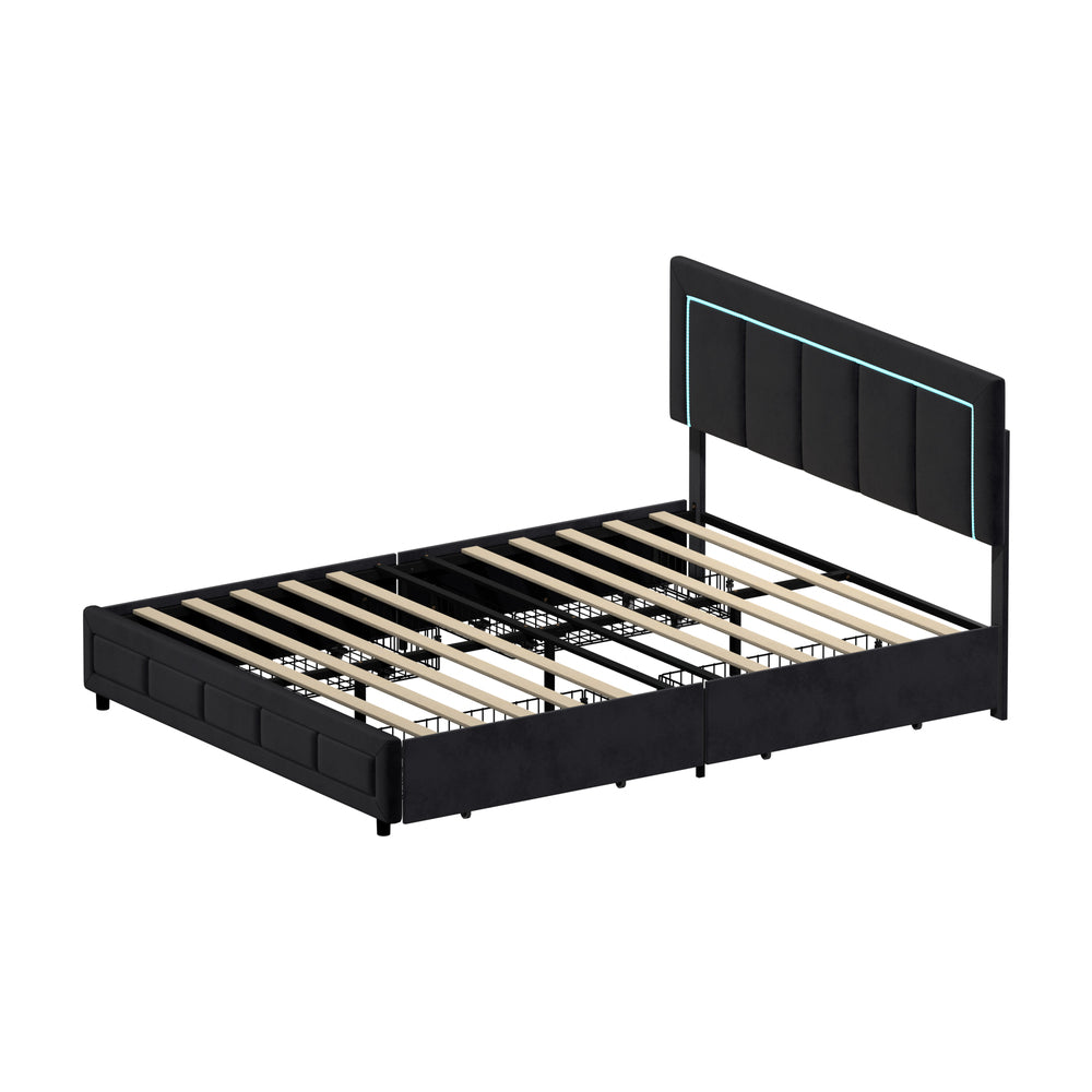 Oikiture LED Bed Frame Queen Size 4 Drawers Adjustable Headboard Black-Bed Frame-PEROZ Accessories
