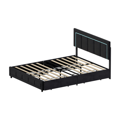 Oikiture LED Bed Frame Queen Size 4 Drawers Adjustable Headboard Black-Bed Frame-PEROZ Accessories