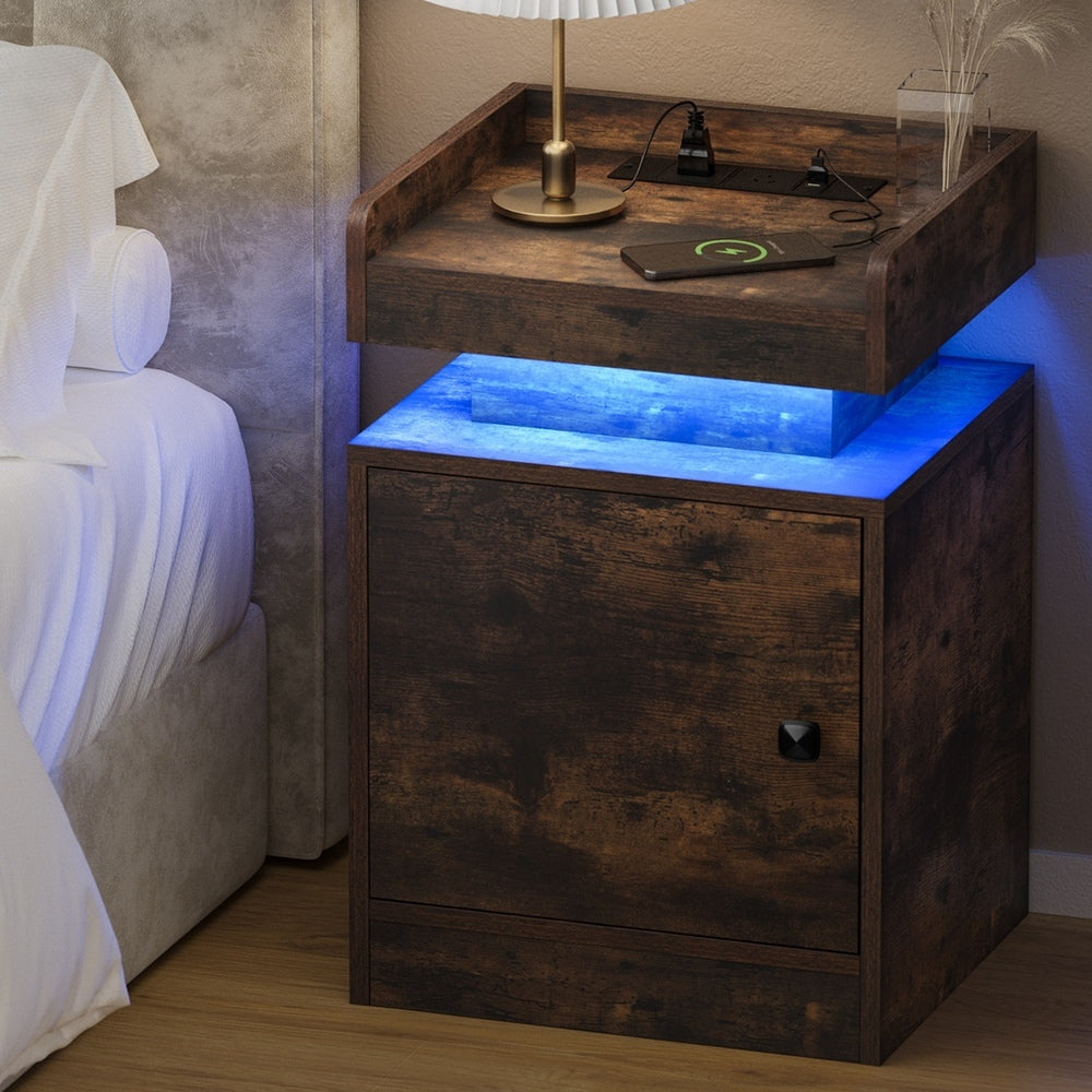 Oikiture LED Bedside Table USB Charging Station Brown-Bedside Table-PEROZ Accessories