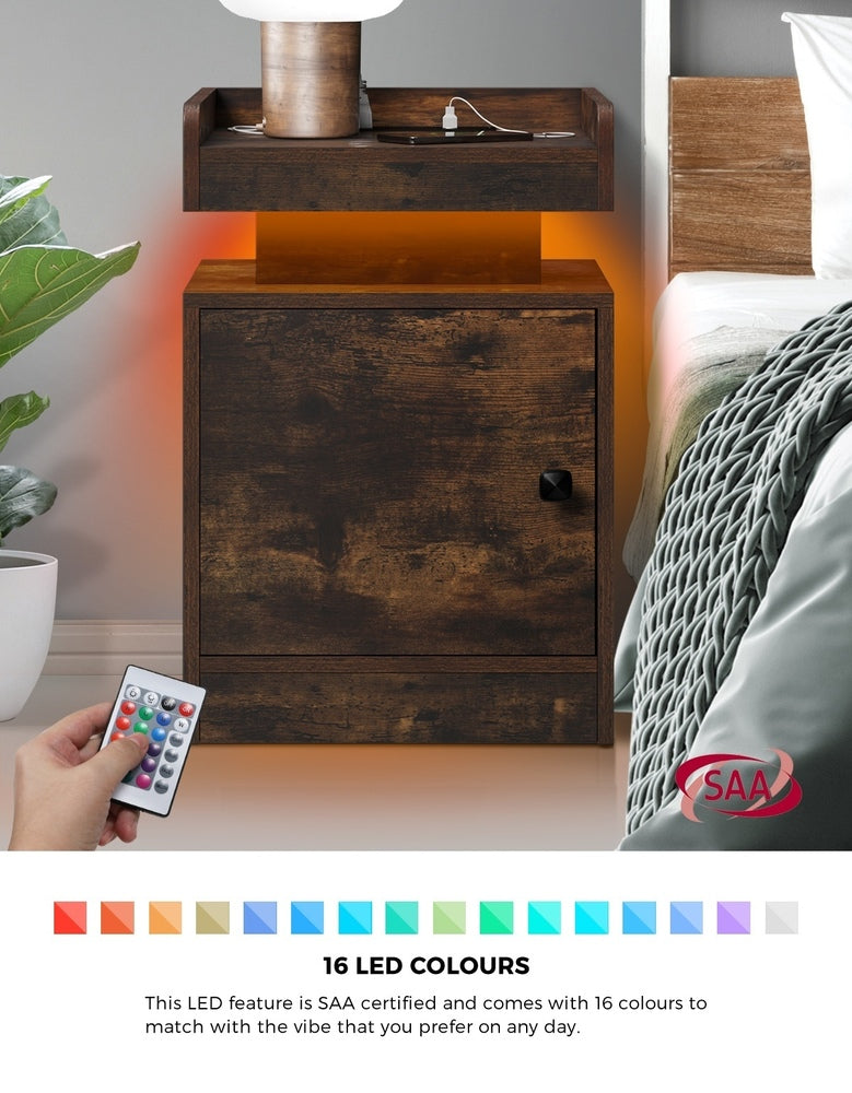 Oikiture LED Bedside Table USB Charging Station Brown-Bedside Table-PEROZ Accessories