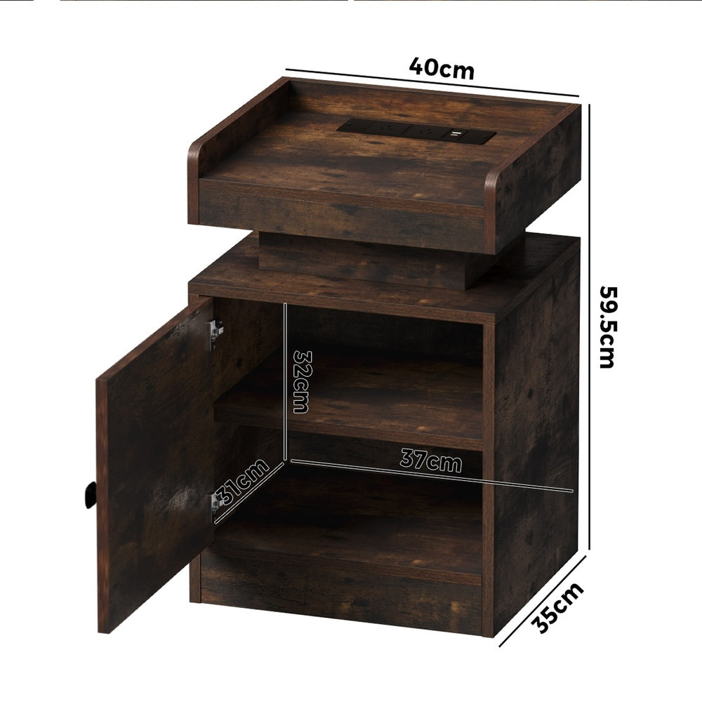 Oikiture LED Bedside Table USB Charging Station Brown-Bedside Table-PEROZ Accessories