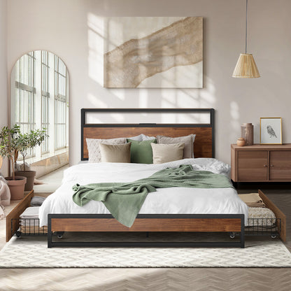 Oikiture Metal Bed Frame Double LED Storage Headboard USB Charging &amp; 2 Drawers-Metal Bed Frame-PEROZ Accessories