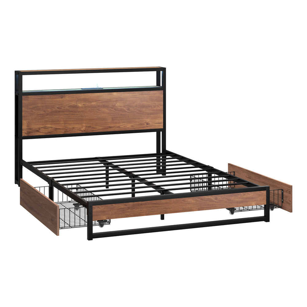 Oikiture Metal Bed Frame Double LED Storage Headboard USB Charging &amp; 2 Drawers-Metal Bed Frame-PEROZ Accessories