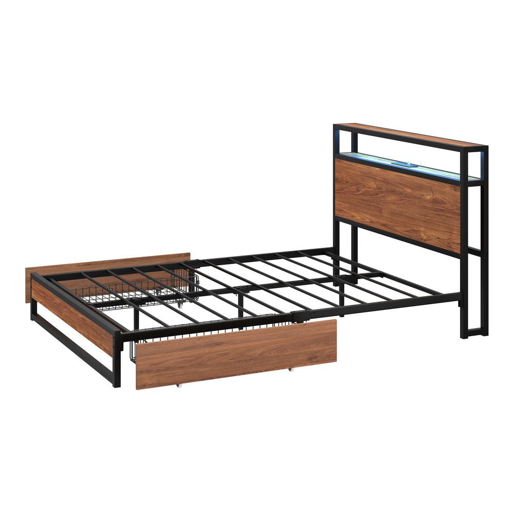 Oikiture Metal Bed Frame Double LED Storage Headboard USB Charging &amp; 2 Drawers-Metal Bed Frame-PEROZ Accessories