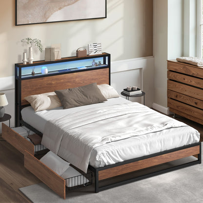 Oikiture Metal Bed Frame Double LED Storage Headboard USB Charging &amp; 2 Drawers-Metal Bed Frame-PEROZ Accessories
