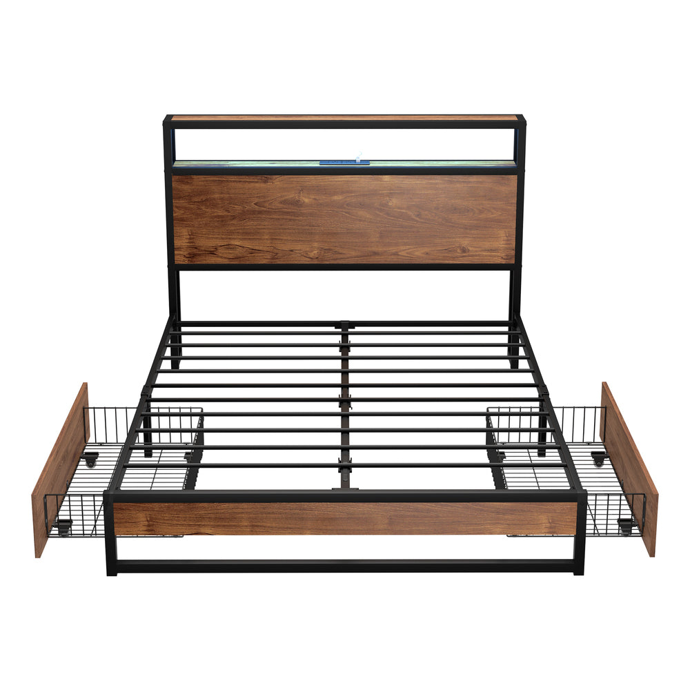 Oikiture Metal Bed Frame Double LED Storage Headboard USB Charging &amp; 2 Drawers-Metal Bed Frame-PEROZ Accessories
