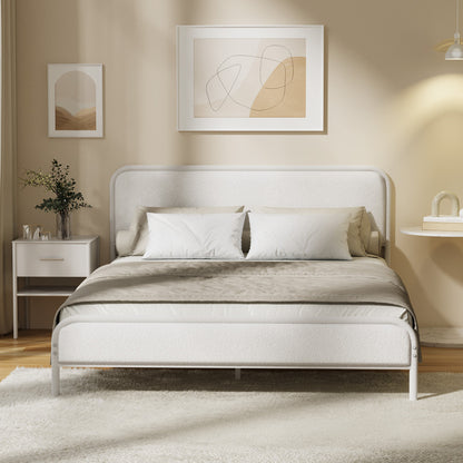 Oikiture Metal Bed Frame Double Size Bedhead Boucle Fabric Beige-Metal Bed Frame-PEROZ Accessories