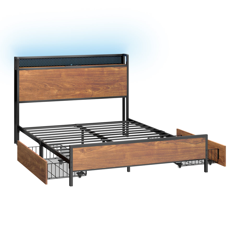 Oikiture Metal Bed Frame Double Size LED Headboard 2 Storage Drawers USB-Metal Bed Frame-PEROZ Accessories