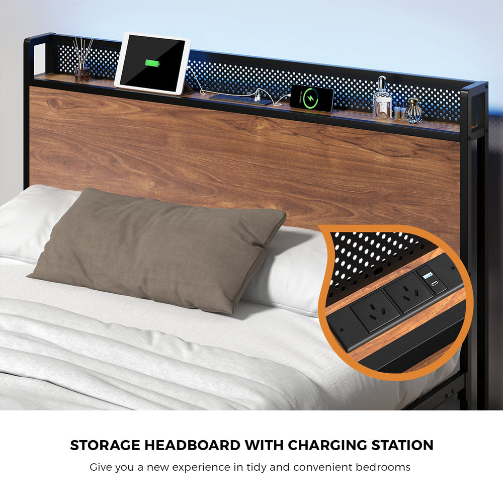 Oikiture Metal Bed Frame Double Size LED Headboard 2 Storage Drawers USB-Metal Bed Frame-PEROZ Accessories