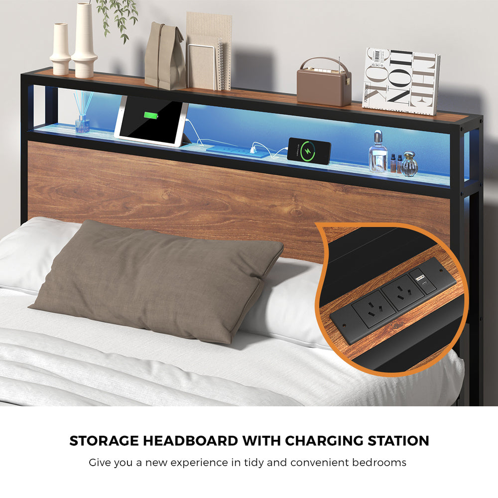 Oikiture Metal Bed Frame Double Size LED Storage Headboard USB Charge-Metal Bed Frame-PEROZ Accessories
