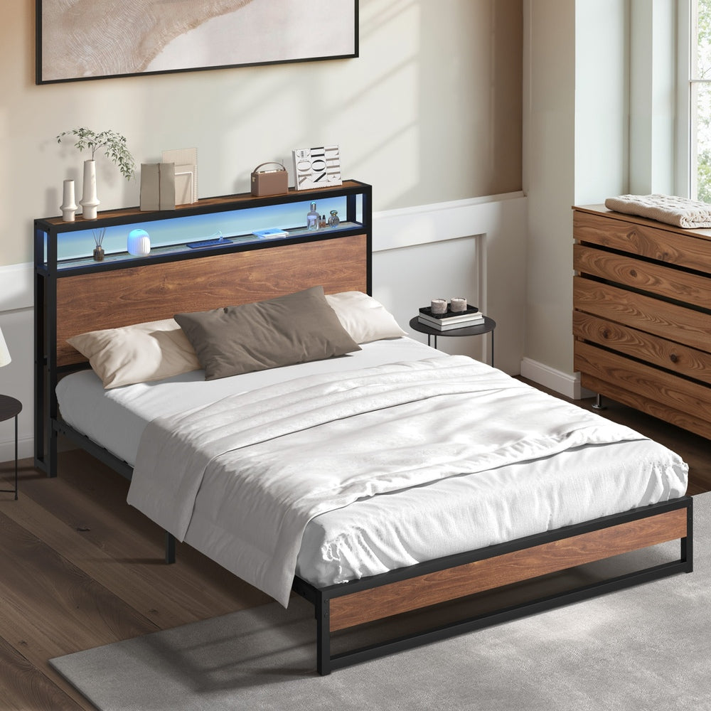 Oikiture Metal Bed Frame Double Size LED Storage Headboard USB Charge-Metal Bed Frame-PEROZ Accessories