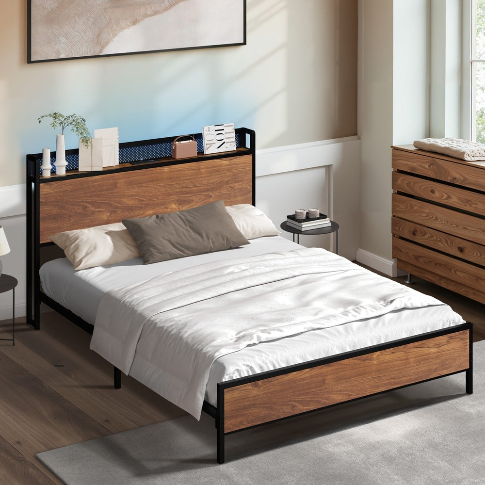 Oikiture Metal Bed Frame Double Size LED USB Charge Storage Headboard-Metal Bed Frame-PEROZ Accessories