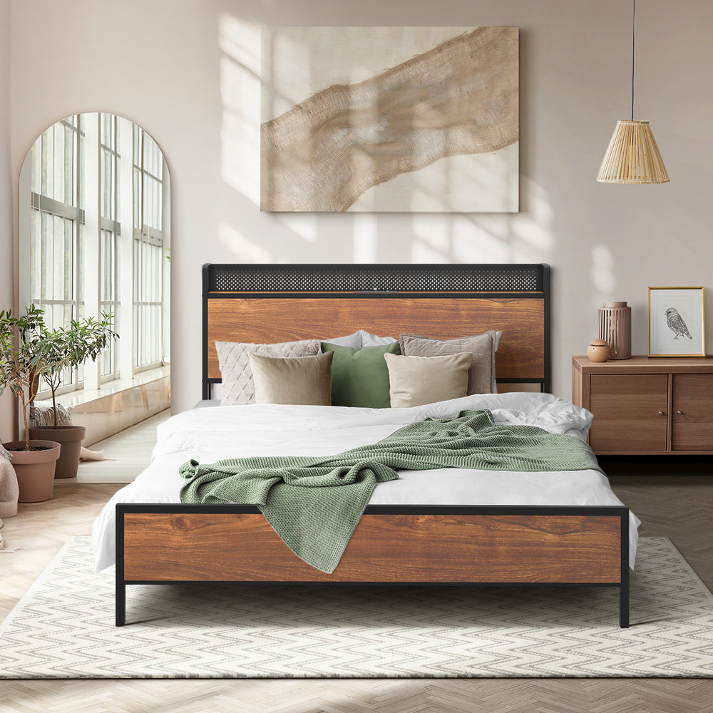 Oikiture Metal Bed Frame Double Size LED USB Charge Storage Headboard-Metal Bed Frame-PEROZ Accessories