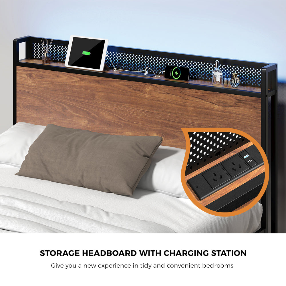 Oikiture Metal Bed Frame King Size LED USB Charge Storage Headboard-Metal Bed Frame-PEROZ Accessories