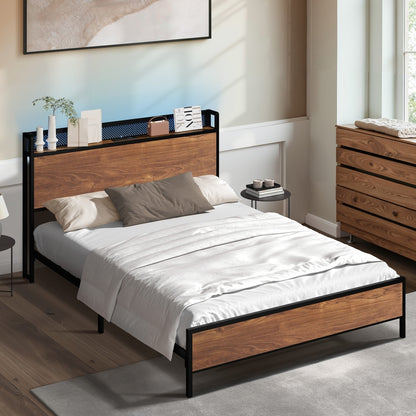 Oikiture Metal Bed Frame King Size LED USB Charge Storage Headboard-Metal Bed Frame-PEROZ Accessories