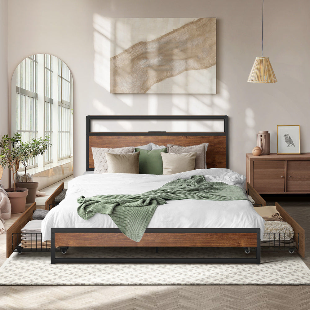 Oikiture Metal Bed Frame Queen LED Storage Headboard USB Charging &amp; 4 Drawers-Metal Bed Frame-PEROZ Accessories