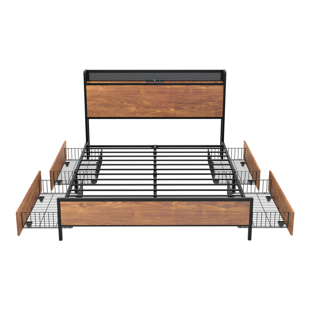 Oikiture Metal Bed Frame Queen Size LED Headboard 4 Storage Drawers USB-Metal Bed Frame-PEROZ Accessories