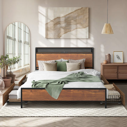 Oikiture Metal Bed Frame Queen Size LED Headboard 4 Storage Drawers USB-Metal Bed Frame-PEROZ Accessories