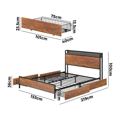 Oikiture Metal Bed Frame Queen Size LED Headboard 4 Storage Drawers USB-Metal Bed Frame-PEROZ Accessories