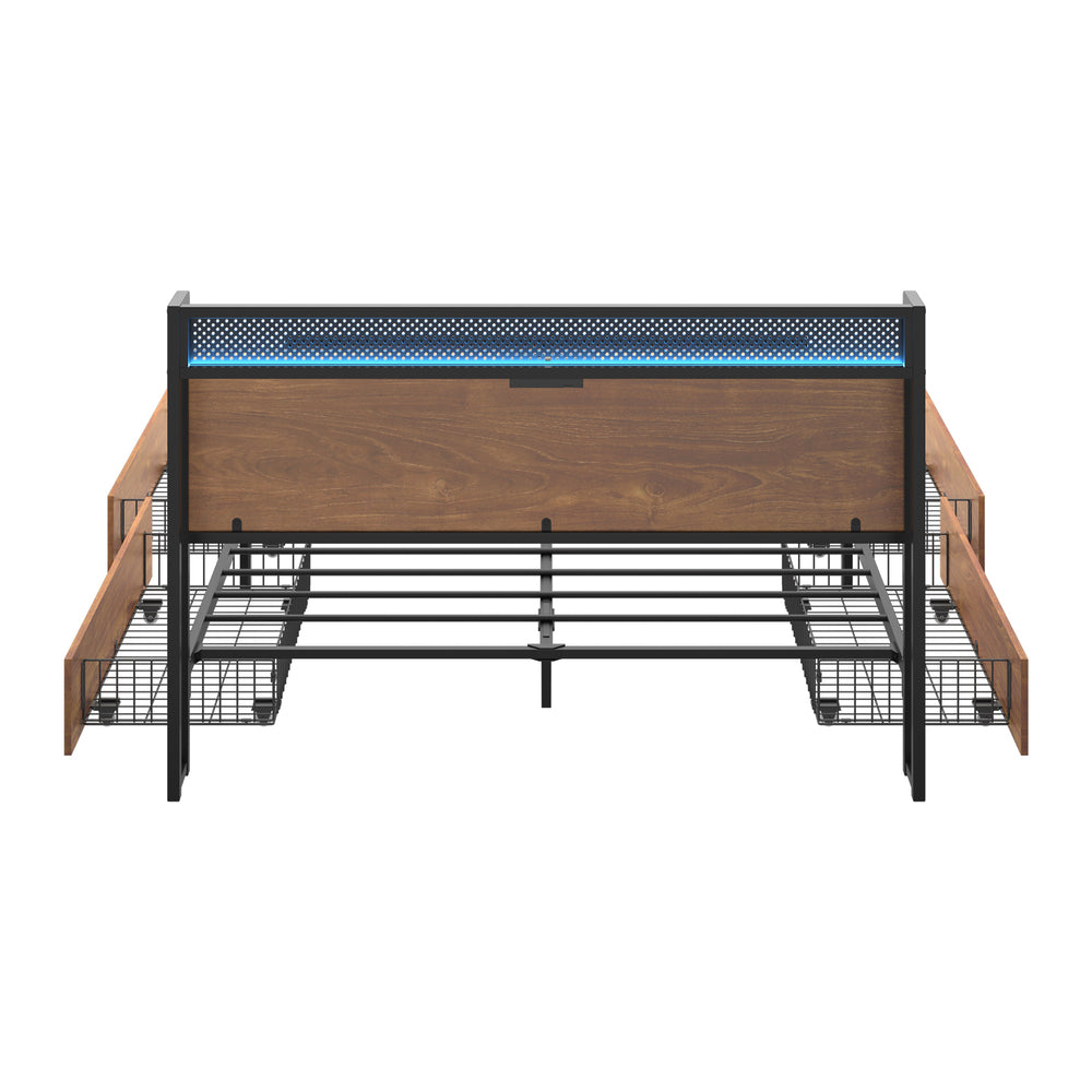 Oikiture Metal Bed Frame Queen Size LED Headboard 4 Storage Drawers USB-Metal Bed Frame-PEROZ Accessories
