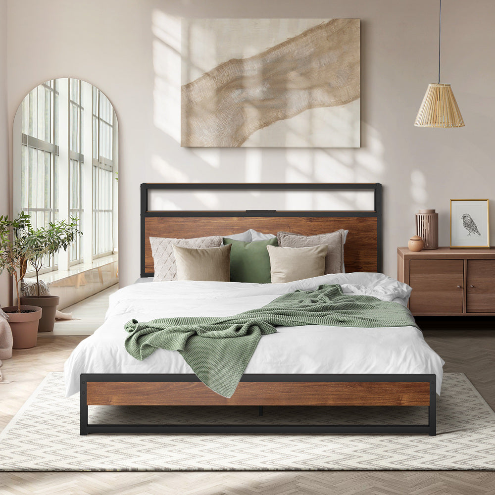 Oikiture Metal Bed Frame Queen Size LED Storage Headboard USB Charge-Metal Bed Frame-PEROZ Accessories