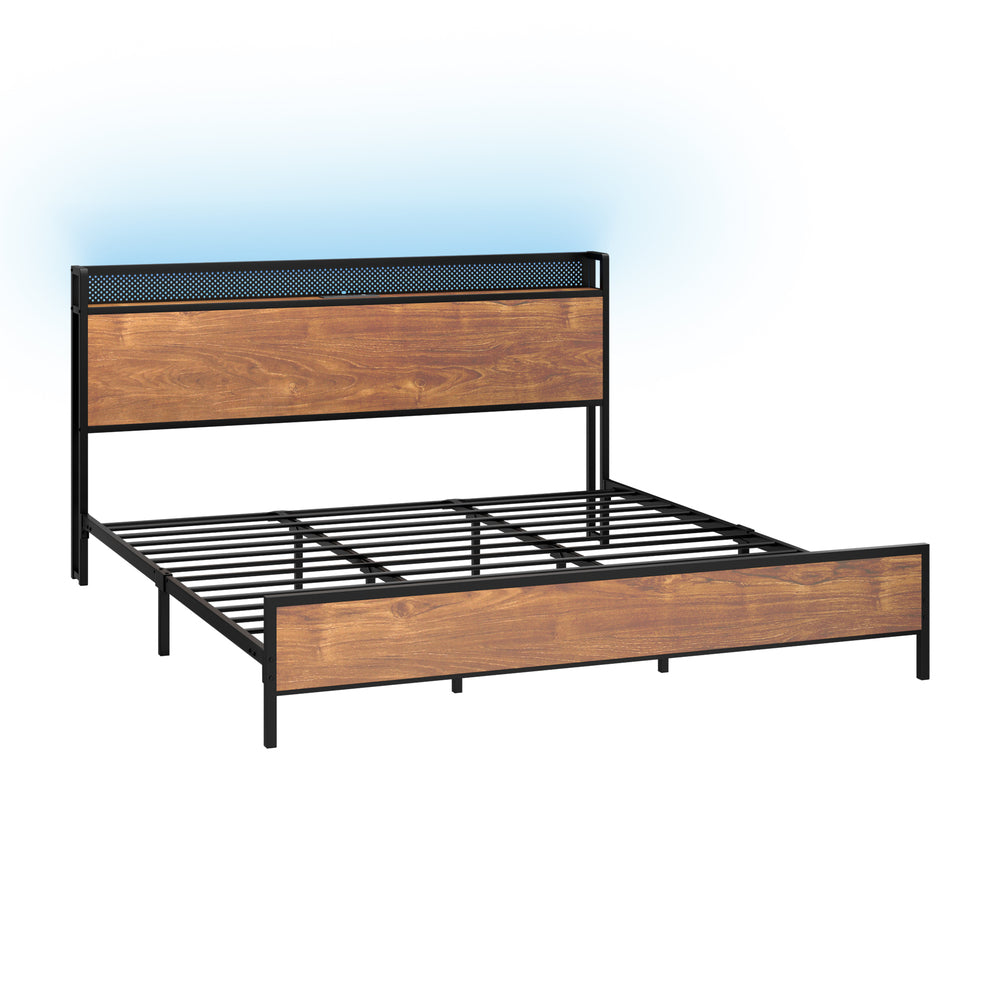 Oikiture Metal Bed Frame Queen Size LED USB Charge Storage Headboard-Metal Bed Frame-PEROZ Accessories