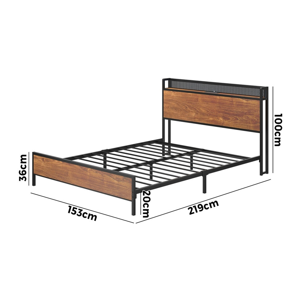 Oikiture Metal Bed Frame Queen Size LED USB Charge Storage Headboard-Metal Bed Frame-PEROZ Accessories
