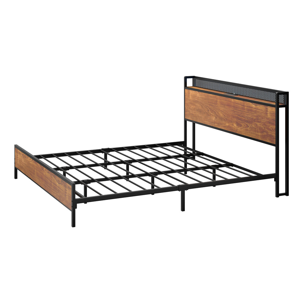 Oikiture Metal Bed Frame Queen Size LED USB Charge Storage Headboard-Metal Bed Frame-PEROZ Accessories