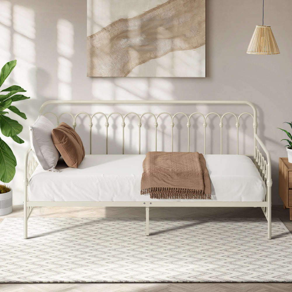 Oikiture Metal Daybed Frame Single Size Sofa Bed Steel Slat Beige-Metal Bed Frame-PEROZ Accessories
