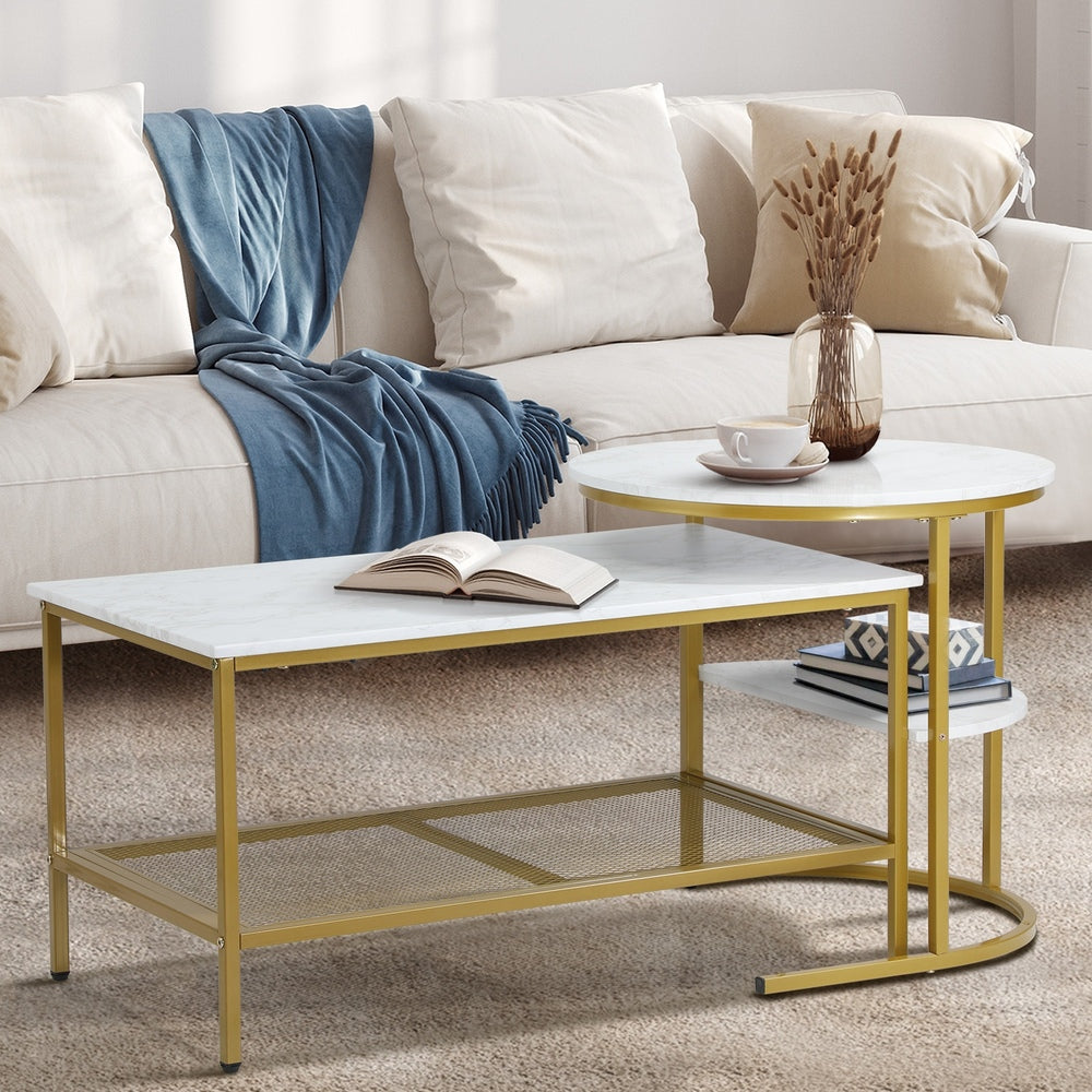 Oikiture Nesting Coffee Table Set of 2 Detachable Faux Marble Top-Coffee Table-PEROZ Accessories