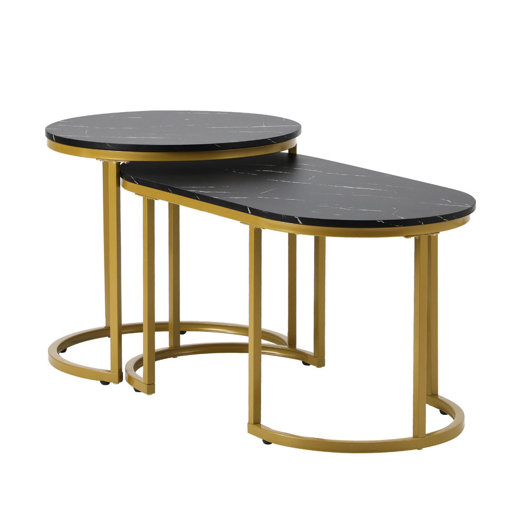 Oikiture Nesting Coffee Table Set of 2 Marble Effect Gold Black-Coffee Table-PEROZ Accessories