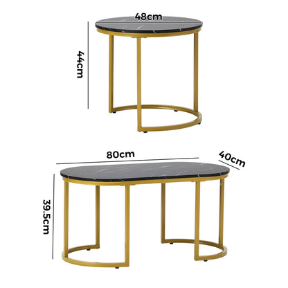 Oikiture Nesting Coffee Table Set of 2 Marble Effect Gold Black-Coffee Table-PEROZ Accessories