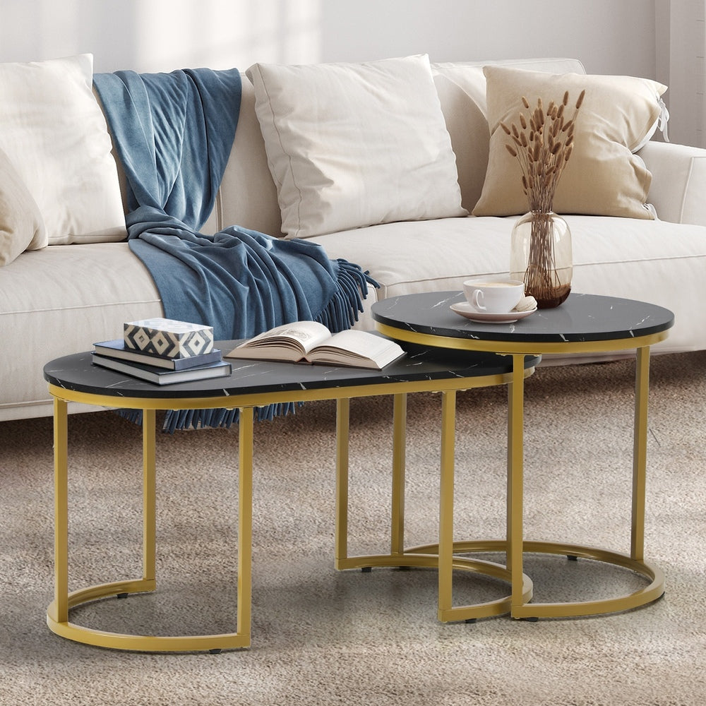 Oikiture Nesting Coffee Table Set of 2 Marble Effect Gold Black-Coffee Table-PEROZ Accessories