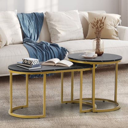 Oikiture Nesting Coffee Table Set of 2 Marble Effect Gold Black-Coffee Table-PEROZ Accessories
